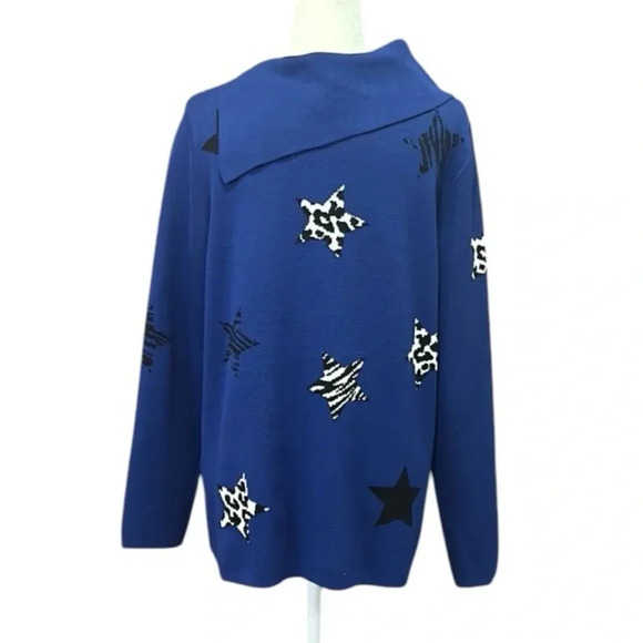 Investments Women’s Lagenlook Animal Print Stars Royal Blue Tunic Sweater Medium - Picture 10 of 13